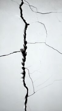 Significant crack extending down a plain white wall surface, revealing structural weakness and underlying stress in neutral monochrome