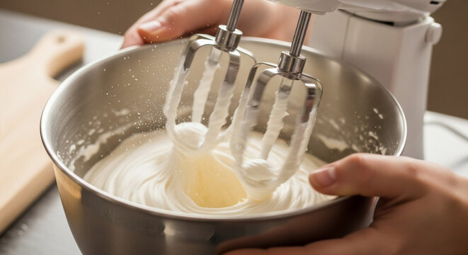 Hands using an electric mixer to beat a creamy batter in a metal bowl.