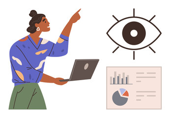 Woman holding laptop pointing to visual eye metaphor, representing vision, focus, analysis, and insight. Ideal for business, research, strategy creativity learning digital concepts. Clean flat