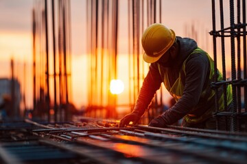 A construction worker in a yellow helmet and safety vest is at a building site at sunset dealing with steel rebar