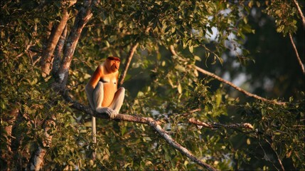 Fototapeta premium Proboscis Monkey Sits on Tree Branch Near River During Evening Light With Clear Upper Margin