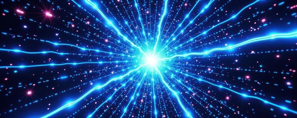 Naklejka premium Electric blue radial burst, halftone dots, retro comic style, texture, flash, energy