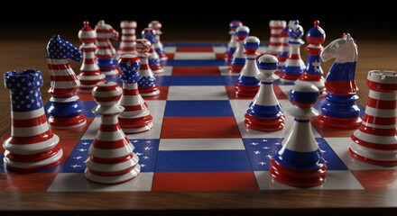Naklejka premium Chessboard with pieces representing the United States and Russia, set for a game.