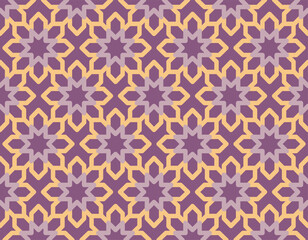 Geometric Pattern with Stars and Interlocking Shapes in Purple, Lavender, and Gold Tones Creates an Eye Catching Visual Harmony