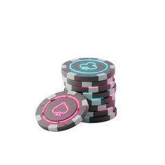 A stack of poker chips with neon spade and club symbols is isolated against white background, ideal for game night promotion.