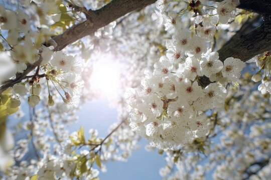 Lovely white flowers on a sunlit tree can serve as a backdrop