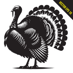 Stylized Black and White Turkey Silhouette Vector Illustration, turkey birds illustration