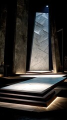 Lit marble structure framed by columns, stage, and dark ambiance