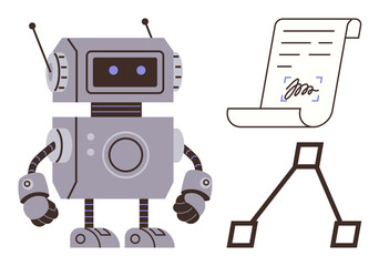 Fototapeta premium Cartoon robot standing near a signed document and a flowchart. Ideal for automation, AI, robotics, digital workflows, technology processes, machine learning, and innovation. Simple flat metaphor