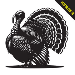 Stylized Black and White Turkey Silhouette Vector Illustration, turkey birds illustration