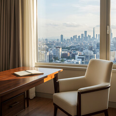An office desk and chair are positioned near a large window overlooking a cityscape with skyscrapers.