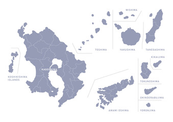 グレー色の日本地図, 鹿児島県の行政区分付き地図, Gray map of Japan, Kagoshima prefecture