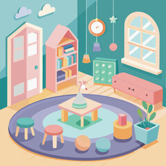 Colorful interior scene with furniture and decorative elements in a pastel room design