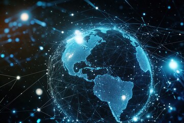 Obraz premium Conceptual image of global connections and web traffic, Earth wrapped in tech mesh