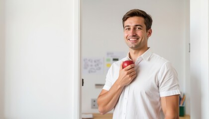 Fototapeta premium Young man smiling while holding a red apple in modern klassroom