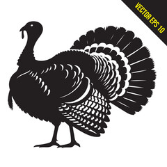Stylized Black and White Turkey Silhouette Vector Illustration, turkey birds illustration