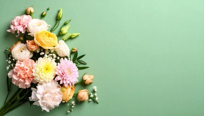 A bouquet of flowers on a green background with a copy space.