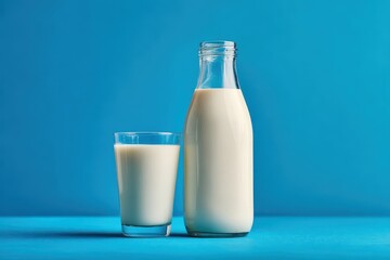 Milk bottle and glass on blue backdrop