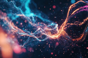 Complex abstract motion, floating sparks, twisted wires and AI data flow in space