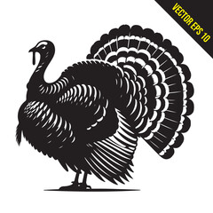 Stylized Black and White Turkey Silhouette Vector Illustration, turkey birds illustration