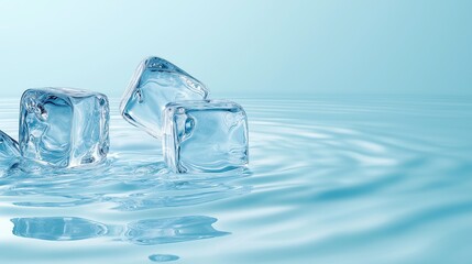 Obraz premium Three floating ice cubes on water surface with light blue background and clear ripples creating cold atmosphere and unique shapes for winter or frozen themed creative projects