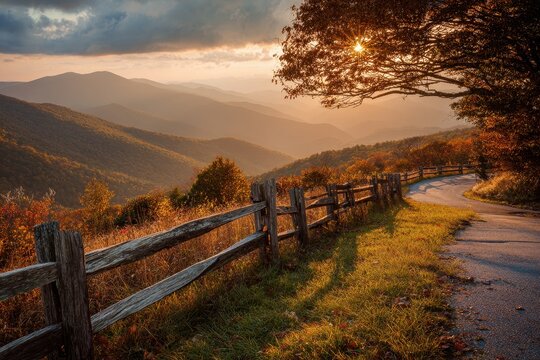 Morning sunlight shines on the Blue Ridge Parkway fence in North Carolina