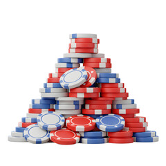 Fototapeta premium A pyramid stack of red, blue, and white gambling chips presents a visual representation of chance and risk, commonly used for casino games.