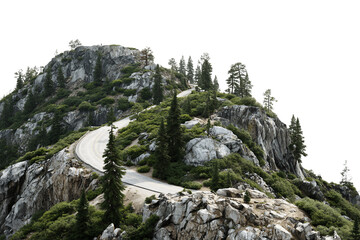Obraz premium Winding Mountain Road with Lush Green Trees and Rocky Peaks on Transparent Background for Seamless Integration, PNG