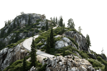 Winding Mountain Road with Lush Green Trees and Rocky Peaks on Transparent Background for Seamless Integration, PNG