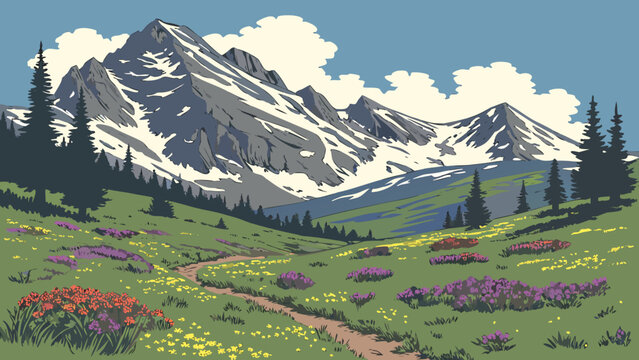A scenic mountain landscape with snow capped peaks and a wildflower meadow in the foreground view scene