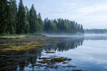 Foggy lakeside scene in Northern Sweden featuring reflections from trees sky and foreground seaweed