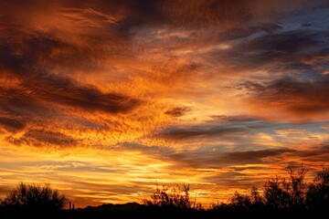 Fototapeta premium A stunning sunset in Tucson Arizona with vivid orange and gold hues like brushstrokes in the sky
