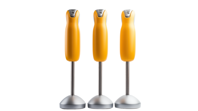 Three yellow hand blenders stand uprightisolated on transparent background