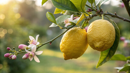 Lemon hanging tree with lemon flower in garden in natural warm sunlight background