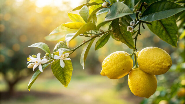 Lemon on tree with lemon flower in garden, Lemons tree in natural warm sunlight view - Powered by Adobe