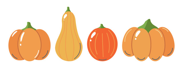 A set of three vibrant, cartoon style pumpkins in various shapes and sizes, with green stems and orange hues, perfect for autumn or Halloween designs.