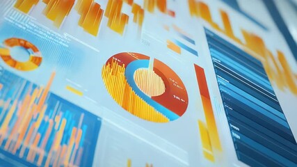 Abstract digital representation of data analysis displayed on multiple screens featuring charts and graphs with color hues - Powered by Adobe