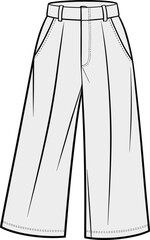 High waist wide leg pants flat sketch, stylish fashion design trousers, technical drawing for apparel, garment illustration, vector template