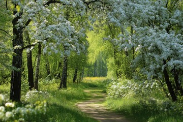 Fototapeta premium Spring scenery featuring flowering bird cherry near Pruzhany Brest region Belarus