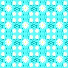 Seamless pattern of white daisy flowers on bright blue background, ideal for spring-themed designs, cheerful prints, and decorative textile use.