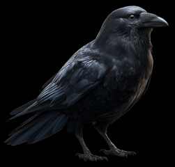 Fototapeta premium Black crow, full-body, black background, PNG format, bird