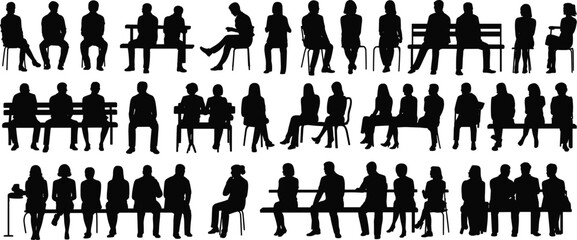 CAD drawing flat vector illustration, silhouette people sitting in row, park bench figures, office team seated, black outline characters group