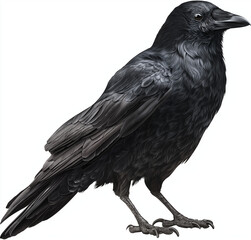 Naklejka premium Black crow, full-body, black background, PNG format, bird