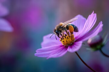 Detailed view of a lovely Longhorn Bee on a bright Cosmos flower with a soft focus backdrop
