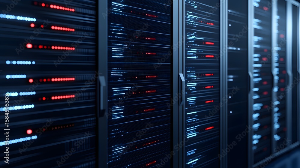 Poster server racks with illuminated data streams.