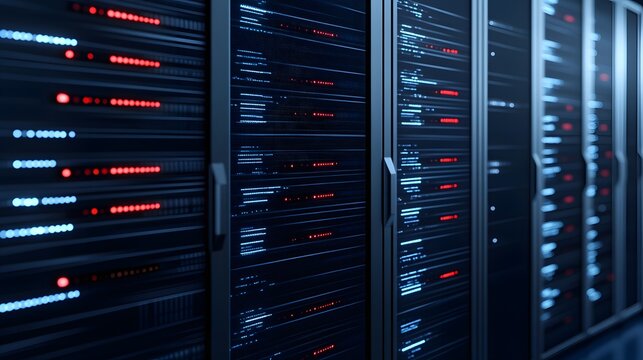 Server racks with illuminated data streams.