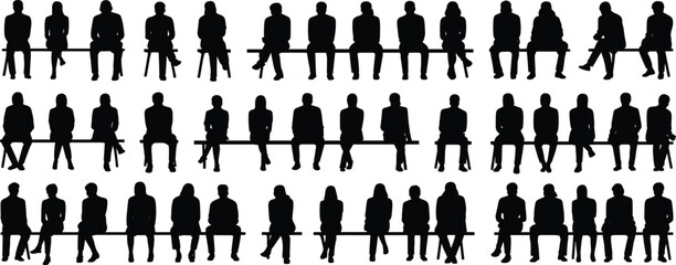 CAD drawing flat vector illustration, silhouette people sitting on bench, business people silhouette, office team seating, isolated black figures