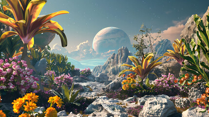 Fantasy Landscape Garden Illustration for Sci-Fi Nature Background
