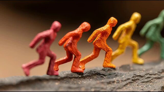 Miniature people representing teamwork and commitment with graph icon concept showing rising line and icons of teamwork. Teamwork and Progress Concept with Miniature Figures &ndash; Animated Video Version