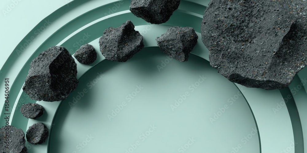 Fototapete abstract arrangement of dark rocks on concentric light green arches creating a modern composition